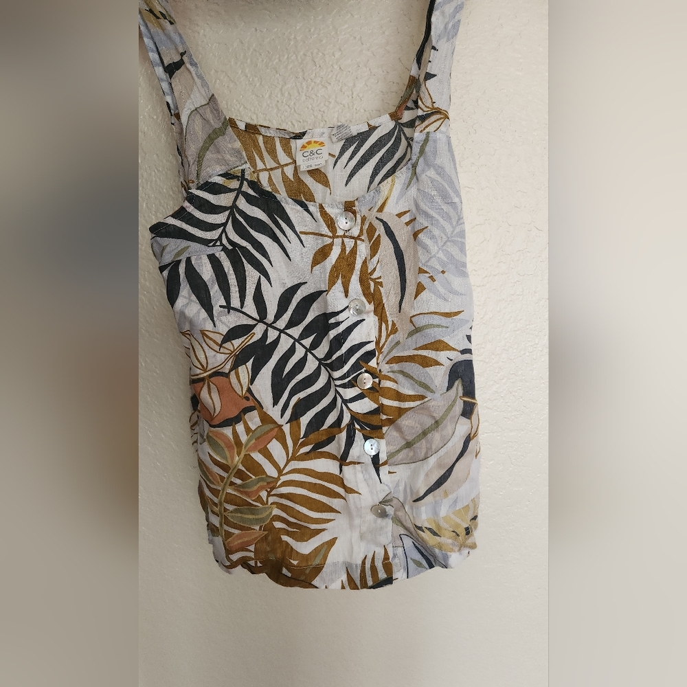 C&C California Leaf Print Camisole - Grey, Brown, Tan 100% Linen Size Small